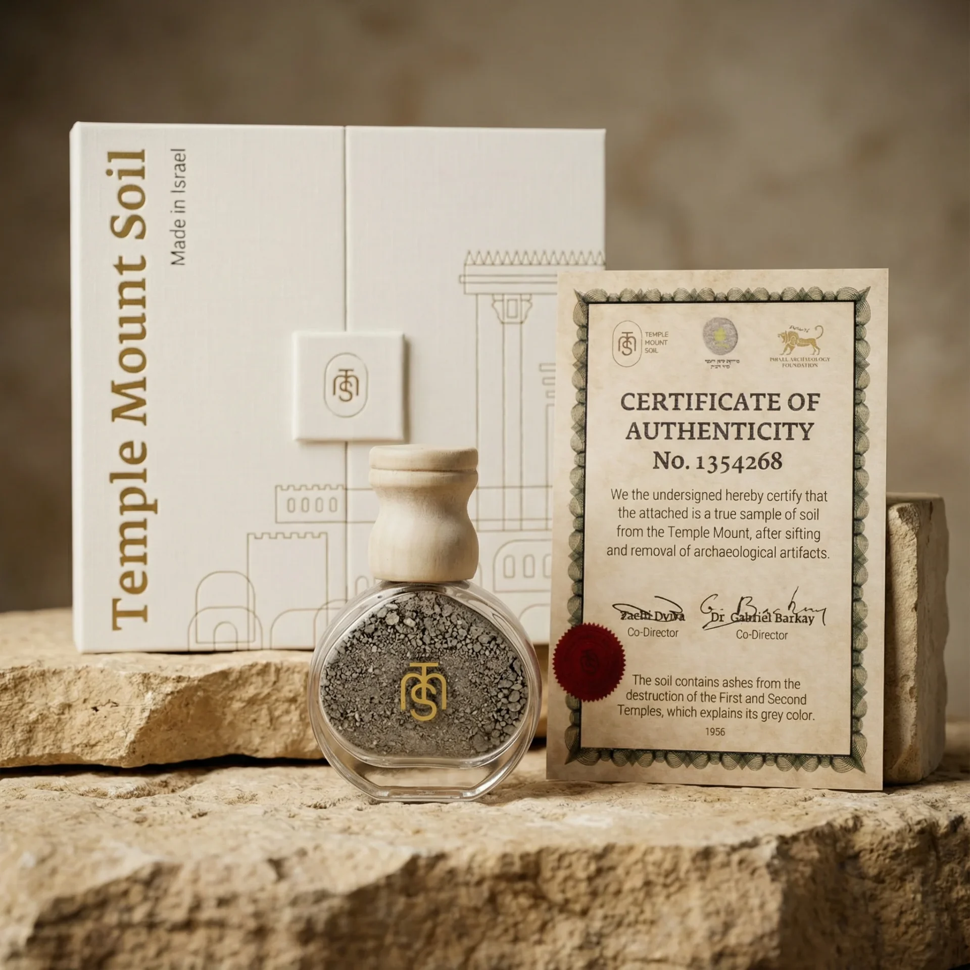 Temple Mount Sifting Project Certificate of Authenticity with bottle of soil